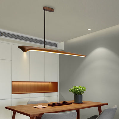 Lámpara colgante de línea recta tradicional china de acrílico con veta de madera LED para isla para sala de estar 