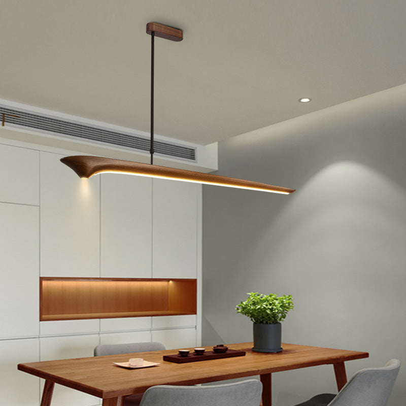 Lámpara colgante de línea recta tradicional china de acrílico con veta de madera LED para isla para sala de estar 