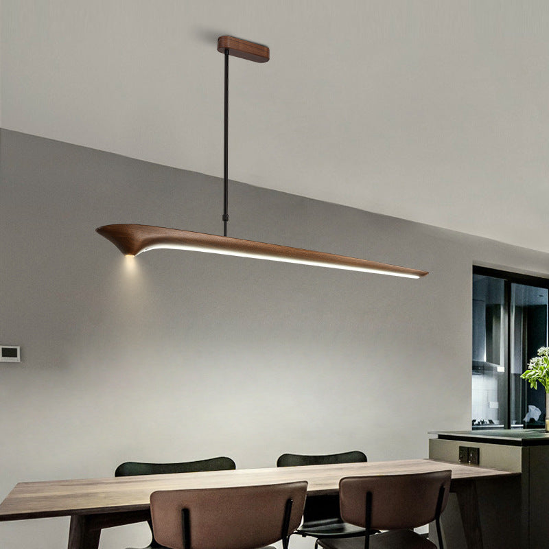 Lámpara colgante de línea recta tradicional china de acrílico con veta de madera LED para isla para sala de estar 