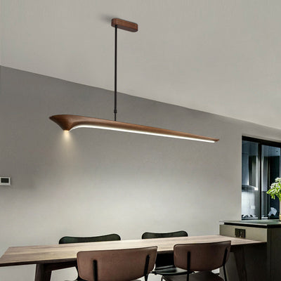 Lámpara colgante de línea recta tradicional china de acrílico con veta de madera LED para isla para sala de estar 