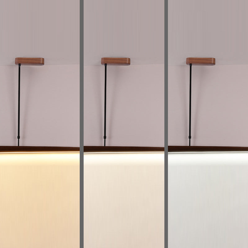 Lámpara colgante de línea recta tradicional china de acrílico con veta de madera LED para isla para sala de estar 