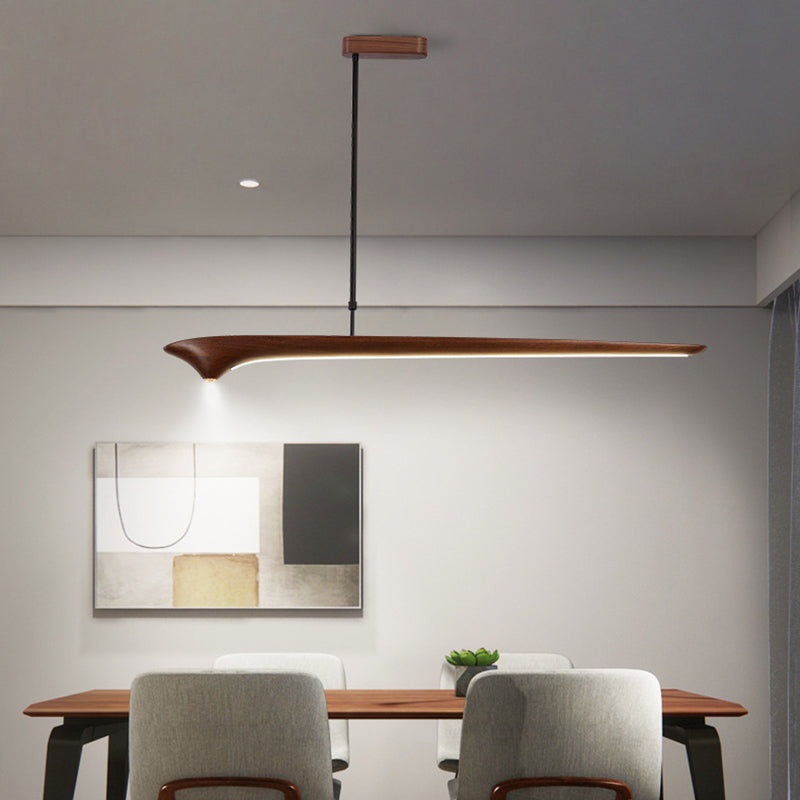 Lámpara colgante de línea recta tradicional china de acrílico con veta de madera LED para isla para sala de estar 