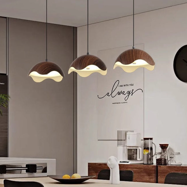 Traditional Japanese Iron Walnut Wood Grain Eggshell LED Pendant Light For Living Room