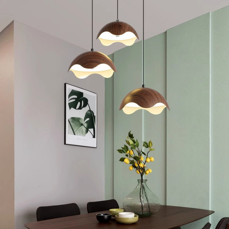 Traditional Japanese Iron Walnut Wood Grain Eggshell LED Pendant Light For Living Room