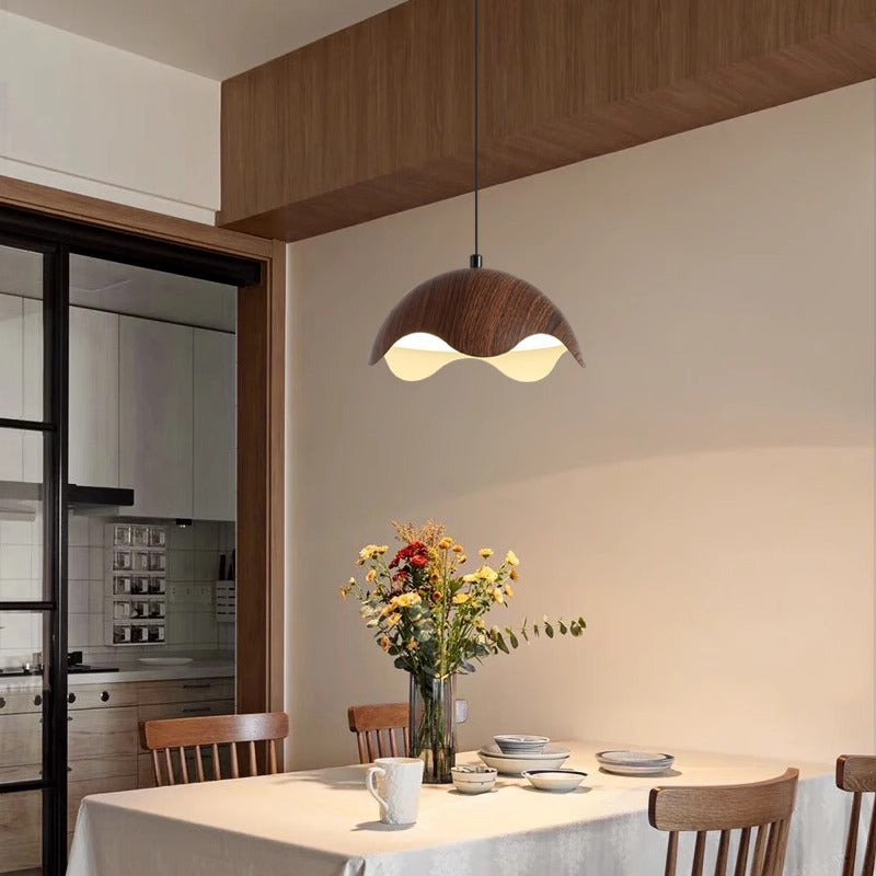 Traditional Japanese Iron Walnut Wood Grain Eggshell LED Pendant Light For Living Room