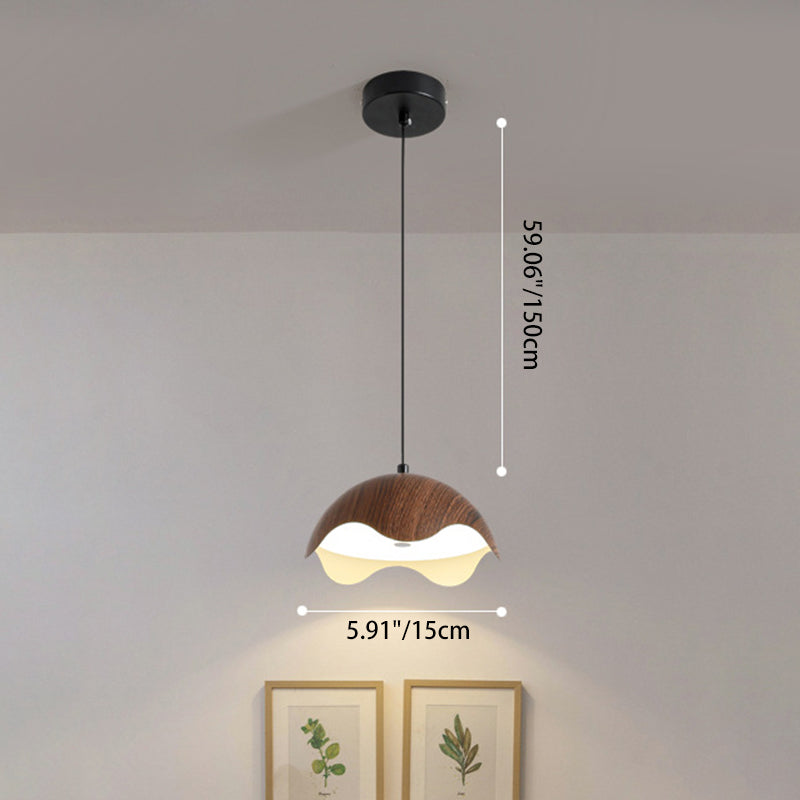 Traditional Japanese Iron Walnut Wood Grain Eggshell LED Pendant Light For Living Room