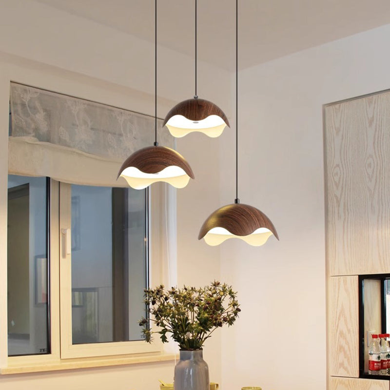 Traditional Japanese Iron Walnut Wood Grain Eggshell LED Pendant Light For Living Room