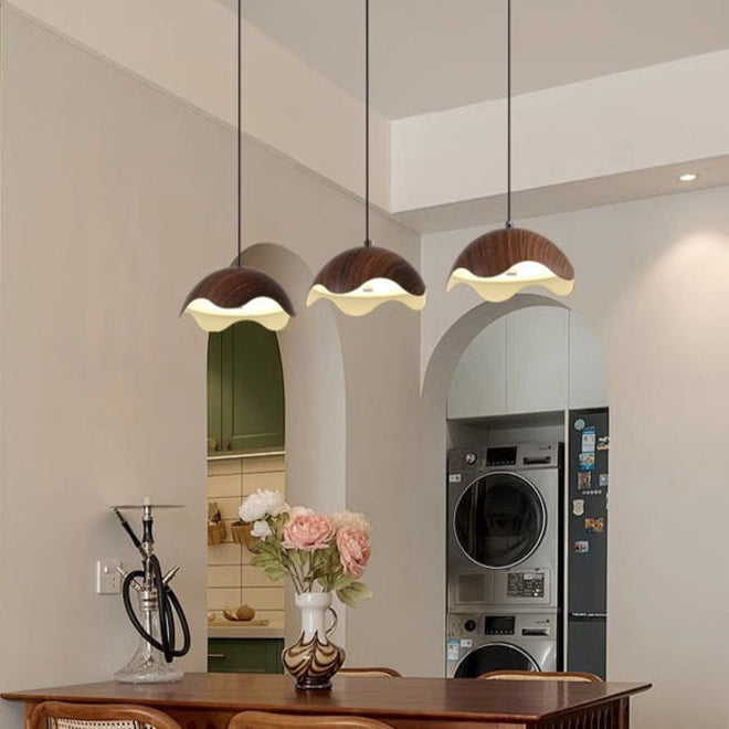 Traditional Japanese Iron Walnut Wood Grain Eggshell LED Pendant Light For Living Room