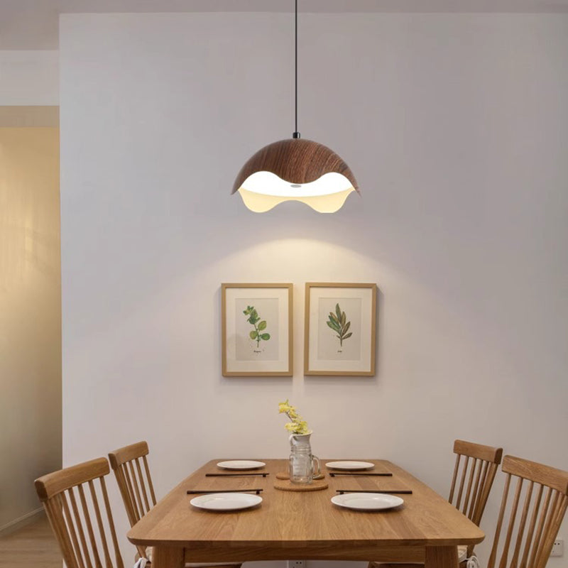 Traditional Japanese Iron Walnut Wood Grain Eggshell LED Pendant Light For Living Room