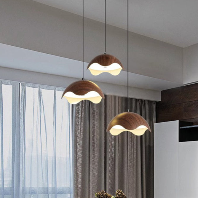 Traditional Japanese Iron Walnut Wood Grain Eggshell LED Pendant Light For Living Room