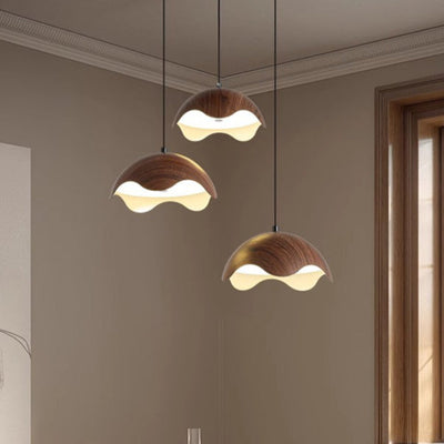 Traditional Japanese Iron Walnut Wood Grain Eggshell LED Pendant Light For Living Room