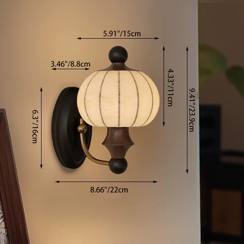 Zeitgenössische Retro-Seiden-Rundschirm-Massivholz-Eisen-LED-Wandleuchte für Esszimmer 