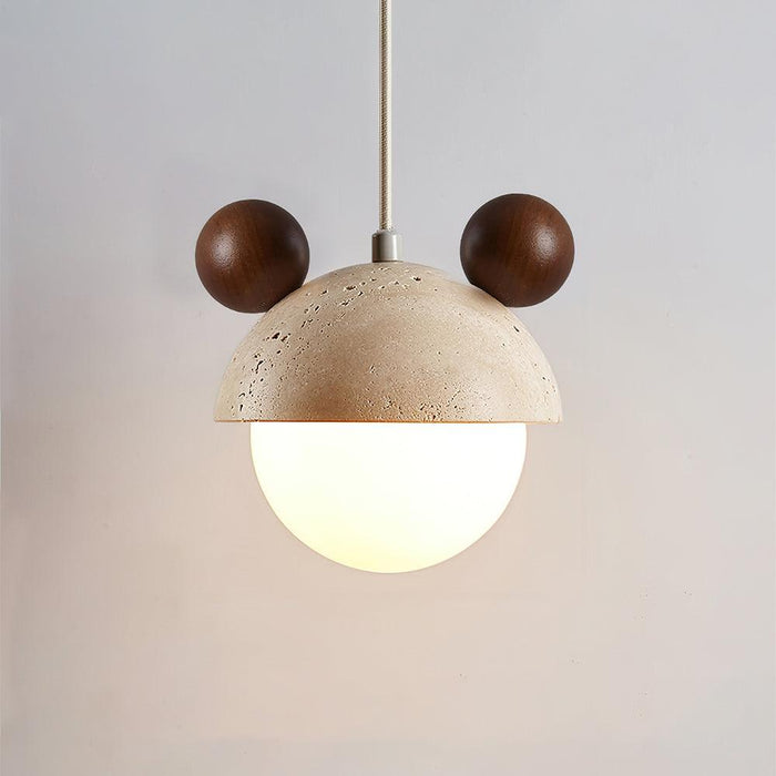 Traditional Japanese Geometric Sphere Travertine Glass Shade 1-Light Pendant Light For Living Room