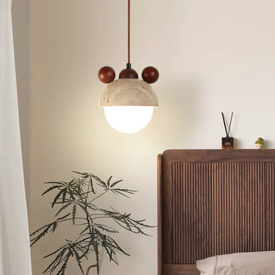 Traditional Japanese Geometric Sphere Travertine Glass Shade 1-Light Pendant Light For Living Room