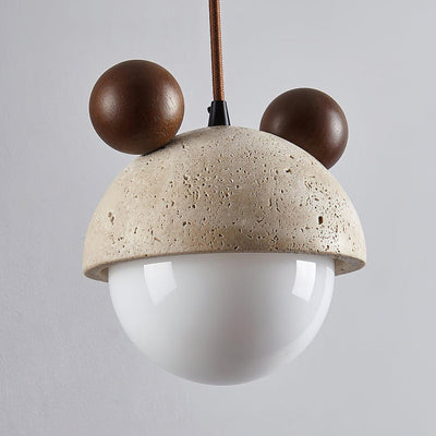 Traditional Japanese Geometric Sphere Travertine Glass Shade 1-Light Pendant Light For Living Room