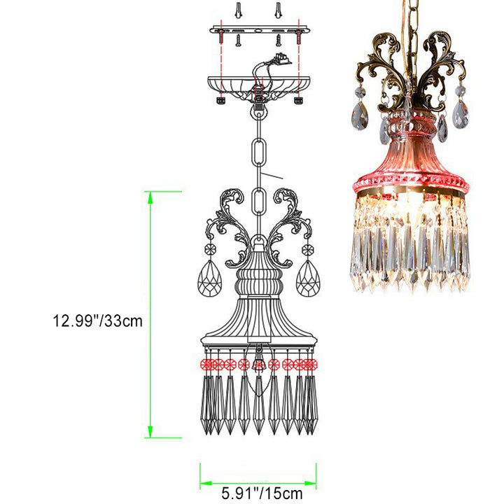 Traditionelle französische antike Messing-Kristall-Quaste runde 1-Licht-Pendelleuchte für Wohnzimmer 