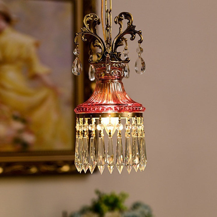 Traditionelle französische antike Messing-Kristall-Quaste runde 1-Licht-Pendelleuchte für Wohnzimmer 