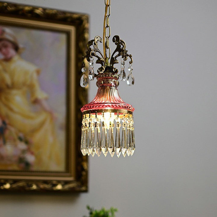 Traditional French Antique Brass Crystal Tassel Round 1-Light Pendant Light For Living Room