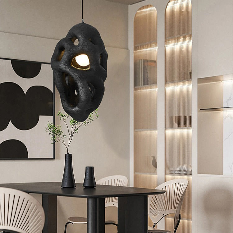 Traditional Japanese Polystyrene Irregular Ellipse Porous Design 1-Light Pendant Light For Living Room