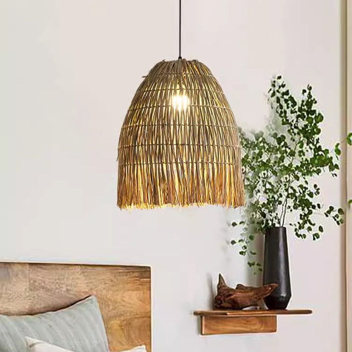 Pantalla redonda de tejido de paja francés tradicional, lámpara colgante de 1 luz para sala de estar 