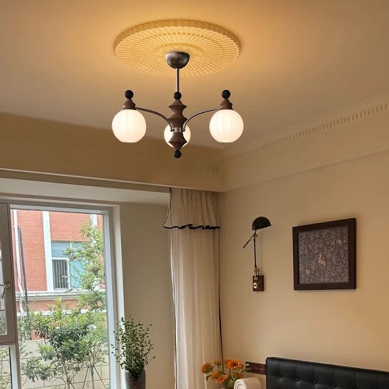 Traditional French Ash Wood Glass Round Shade 3/5-Light Chandelier For Living Room