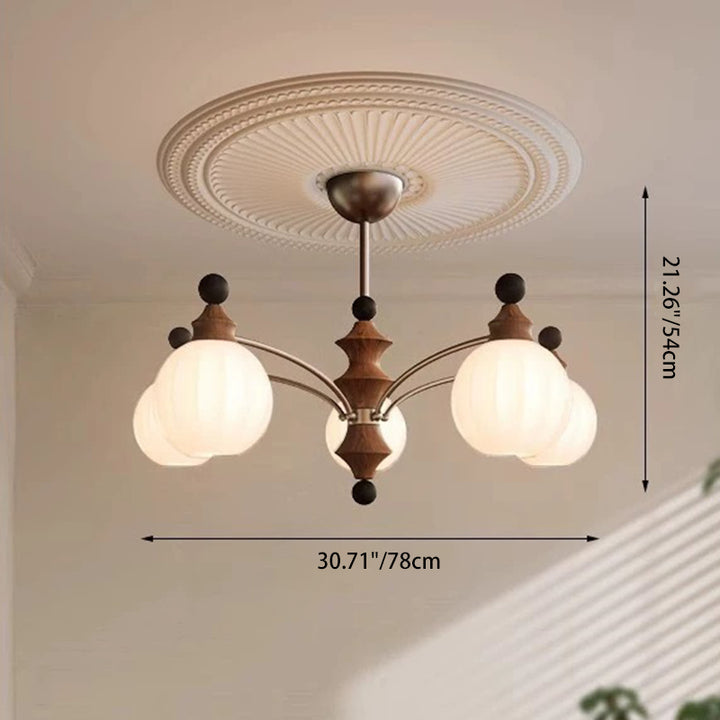 Traditional French Ash Wood Glass Round Shade 3/5-Light Chandelier For Living Room