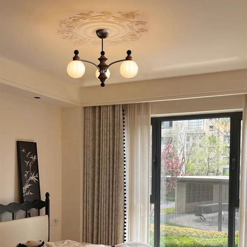 Traditional French Ash Wood Glass Round Shade 3/5-Light Chandelier For Living Room