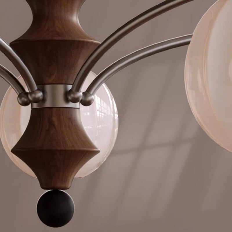 Traditional French Ash Wood Glass Round Shade 3/5-Light Chandelier For Living Room