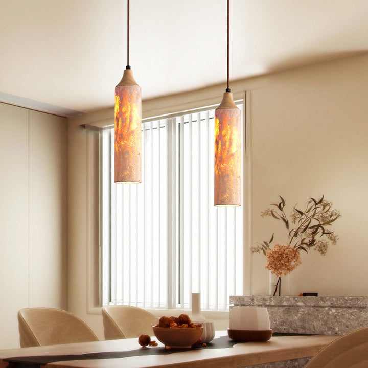 Traditionelle japanische gelbe Travertin-Streifen aus massivem Holz 1-Licht-Pendelleuchte für das Wohnzimmer 