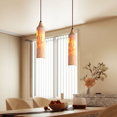Traditional Japanese Yellow Travertine Strip Solid Wood 1-Light Pendant Light For Living Room