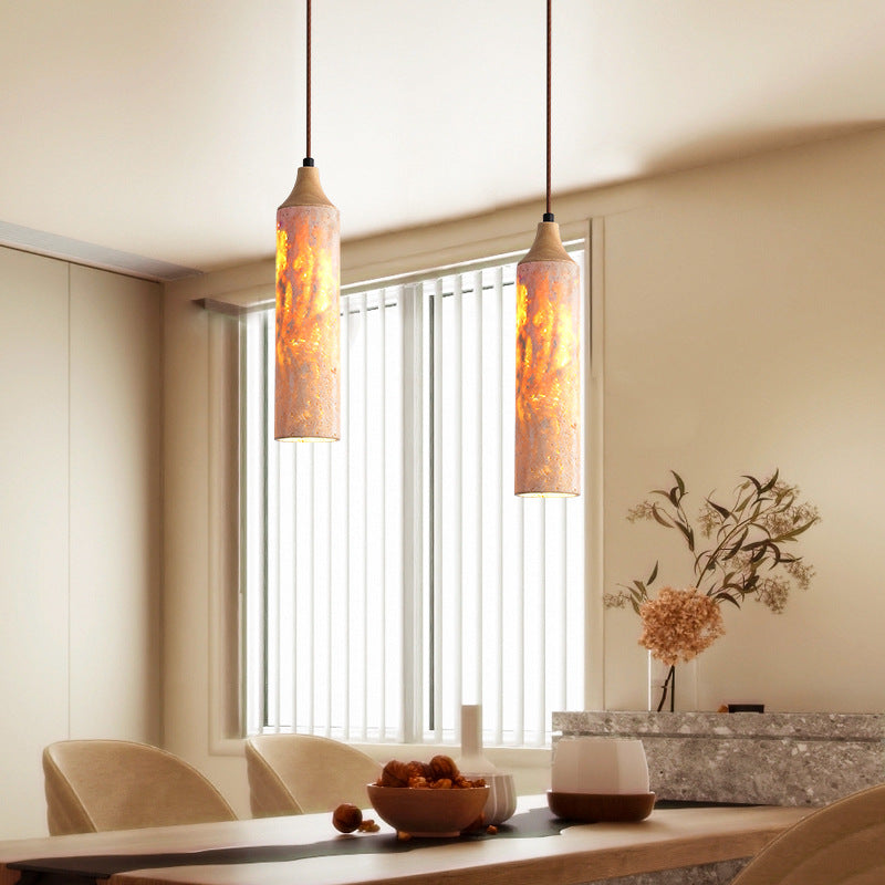 Traditional Japanese Yellow Travertine Strip Solid Wood 1-Light Pendant Light For Living Room