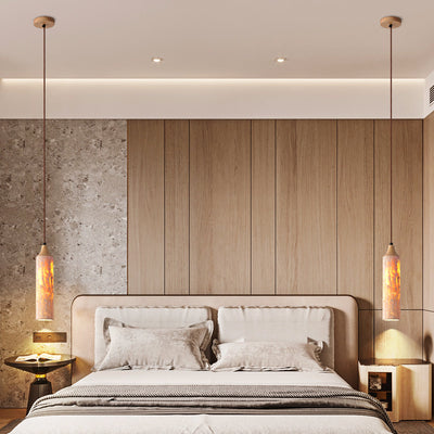 Traditional Japanese Yellow Travertine Strip Solid Wood 1-Light Pendant Light For Living Room