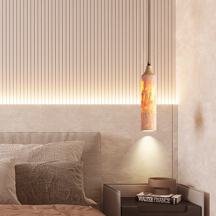 Traditional Japanese Yellow Travertine Strip Solid Wood 1-Light Pendant Light For Living Room