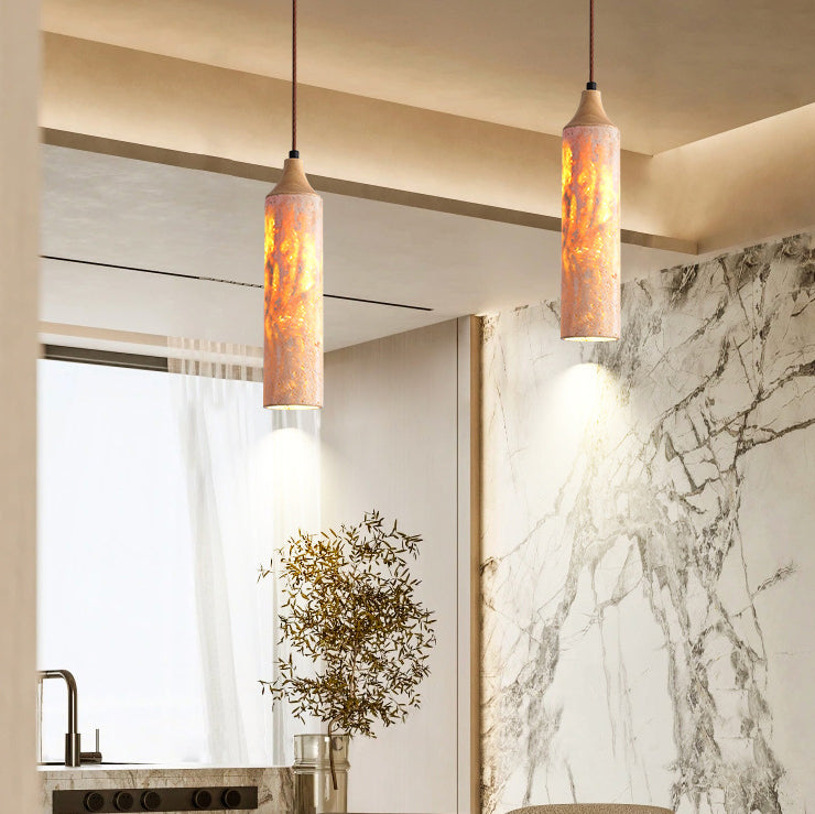 Traditional Japanese Yellow Travertine Strip Solid Wood 1-Light Pendant Light For Living Room