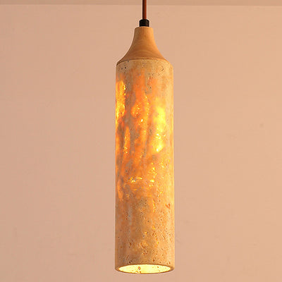Traditional Japanese Yellow Travertine Strip Solid Wood 1-Light Pendant Light For Living Room