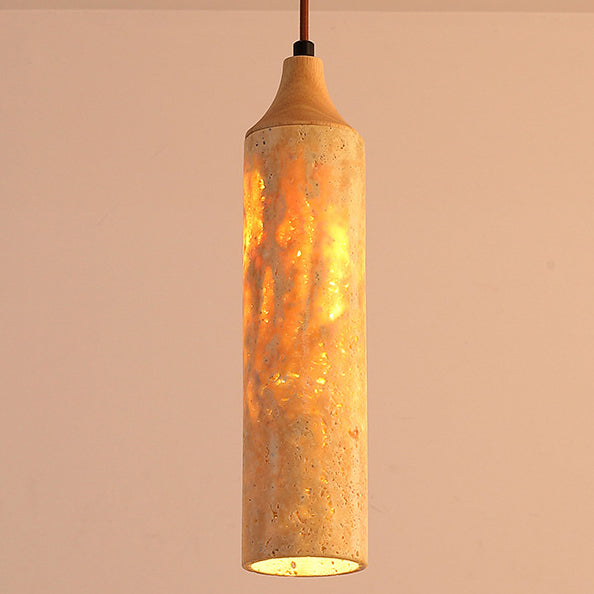 Traditional Japanese Yellow Travertine Strip Solid Wood 1-Light Pendant Light For Living Room