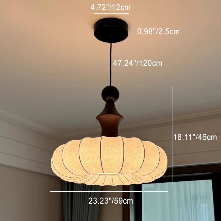 Traditional Japanese Imitation Silk Round Shade Solid Wood 3-Light Chandelier For Living Room