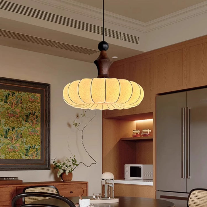 Traditional Japanese Imitation Silk Round Shade Solid Wood 3-Light Chandelier For Living Room