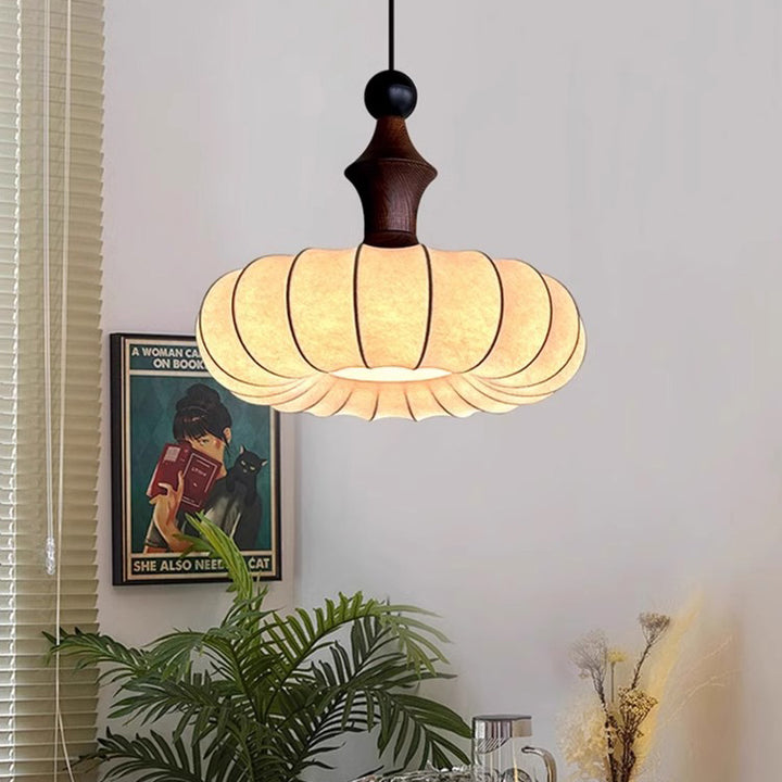 Traditional Japanese Imitation Silk Round Shade Solid Wood 3-Light Chandelier For Living Room