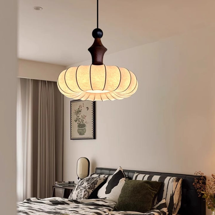 Traditional Japanese Imitation Silk Round Shade Solid Wood 3-Light Chandelier For Living Room