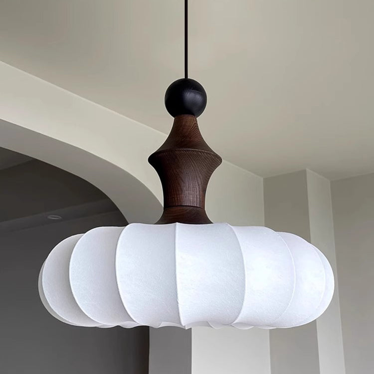 Traditional Japanese Imitation Silk Round Shade Solid Wood 3-Light Chandelier For Living Room