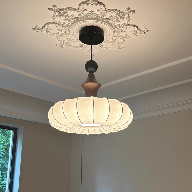 Traditional Japanese Imitation Silk Round Shade Solid Wood 3-Light Chandelier For Living Room
