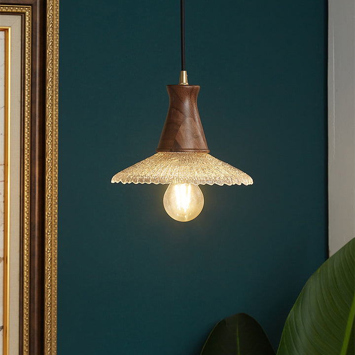 Traditional Vintage Water Ripple Tapered Glass Solid Wood 1-Light Pendant Light For Living Room