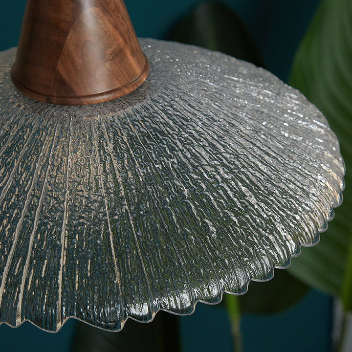 Traditional Vintage Water Ripple Tapered Glass Solid Wood 1-Light Pendant Light For Living Room