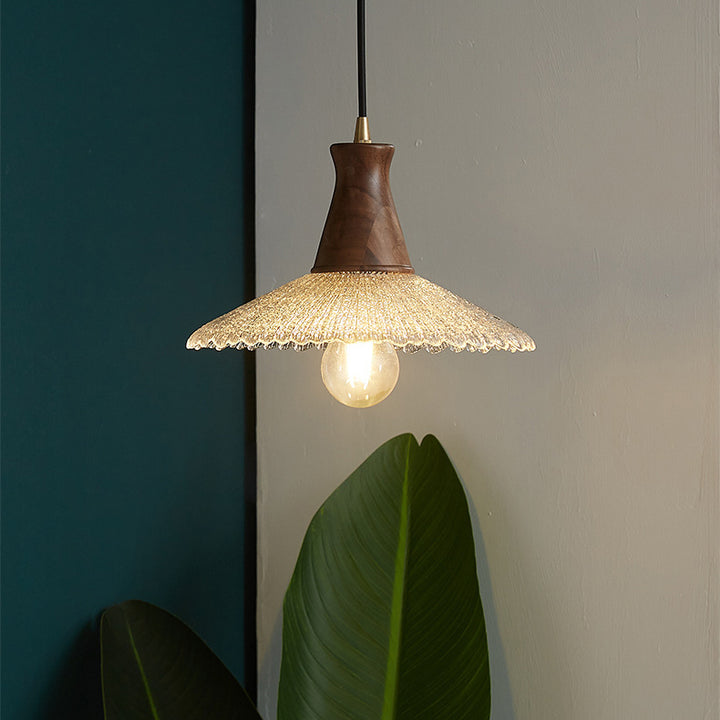 Traditional Vintage Water Ripple Tapered Glass Solid Wood 1-Light Pendant Light For Living Room