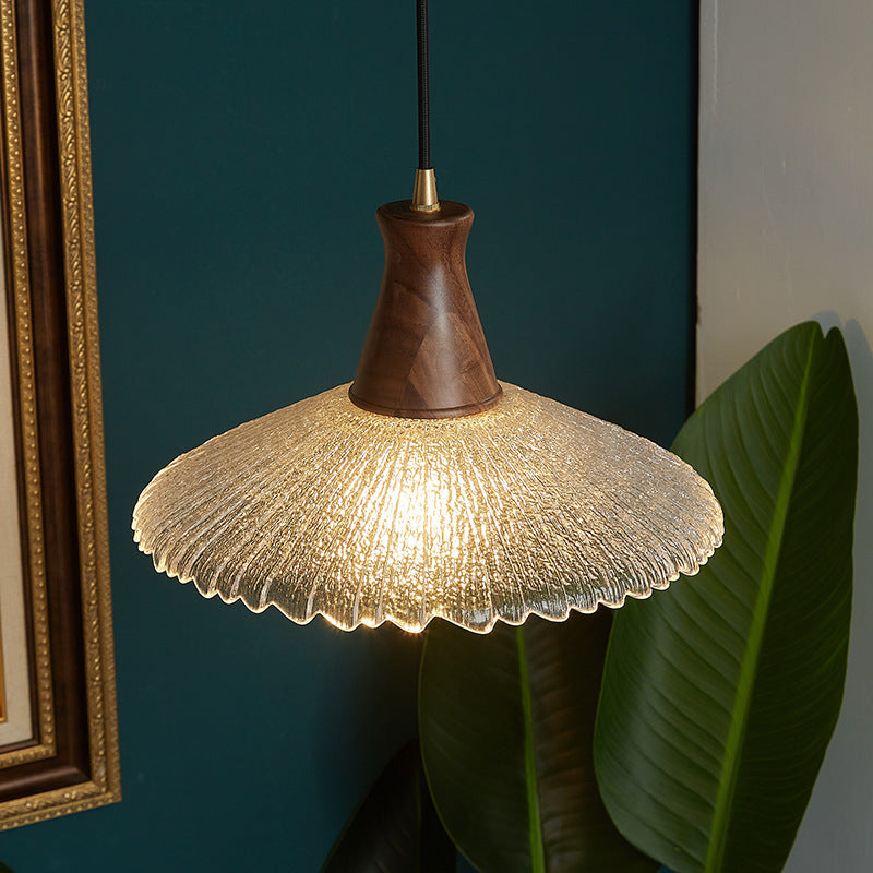 Traditional Vintage Water Ripple Tapered Glass Solid Wood 1-Light Pendant Light For Living Room