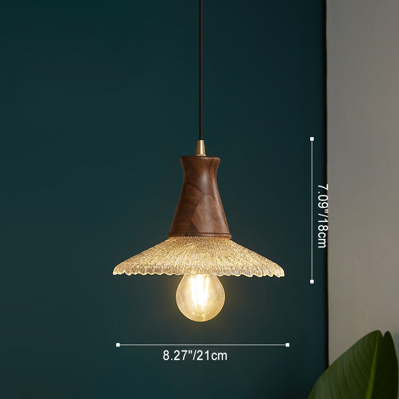 Traditional Vintage Water Ripple Tapered Glass Solid Wood 1-Light Pendant Light For Living Room