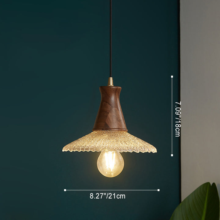Traditional Vintage Water Ripple Tapered Glass Solid Wood 1-Light Pendant Light For Living Room