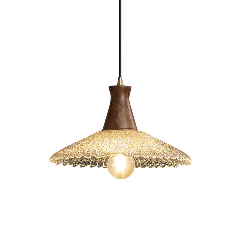 Traditional Vintage Water Ripple Tapered Glass Solid Wood 1-Light Pendant Light For Living Room