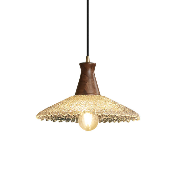 Traditional Vintage Water Ripple Tapered Glass Solid Wood 1-Light Pendant Light For Living Room
